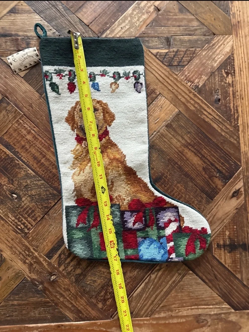 Vintage Needlepoint Dog Christmas Stocking, Golden Retriever